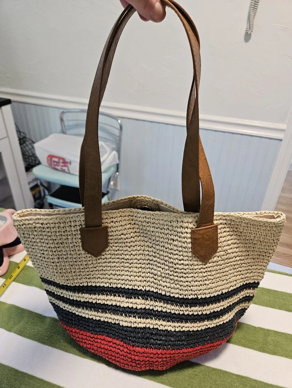 Tommy Bahama Woven Straw Tote Bag with Red and Navy Stripes